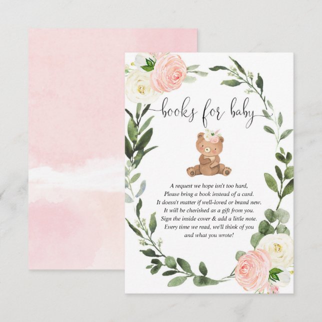 Carte D'accompagnement Teddy ours vert vert rose bouquins fleuris bébé fi (Devant / Derrière)