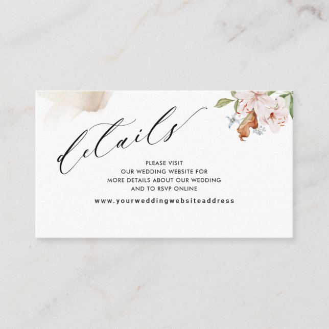 Carte D'accompagnement Terme Blooms Beige Tige Mariage Détails/ Site Web (Devant)