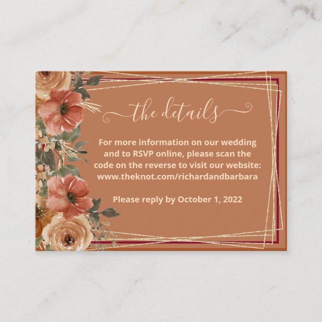 Carte D'accompagnement Terracotta Floral Mariage Détails du site web QR (Devant)