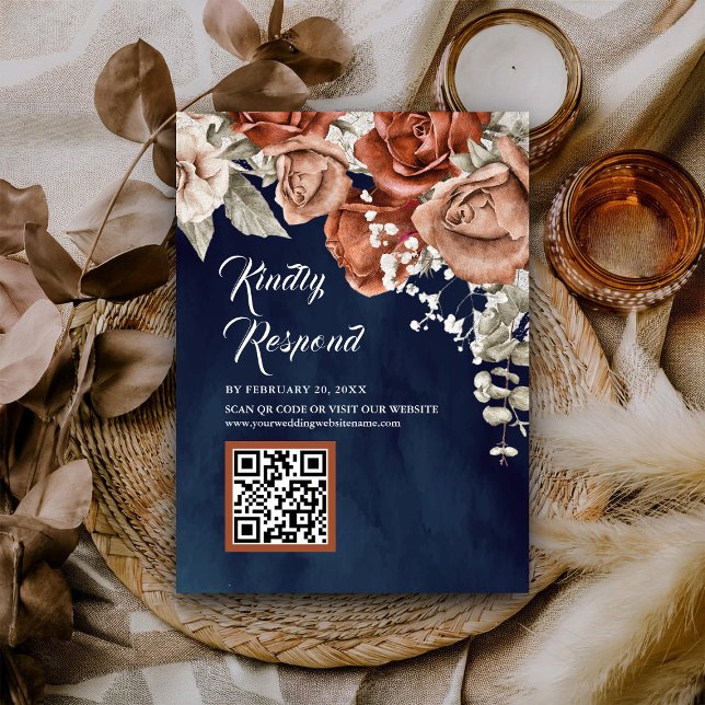 Carte D'accompagnement Terracotta Floral Navy bleu QR Code RSVP Mariage (Créateur téléchargé)