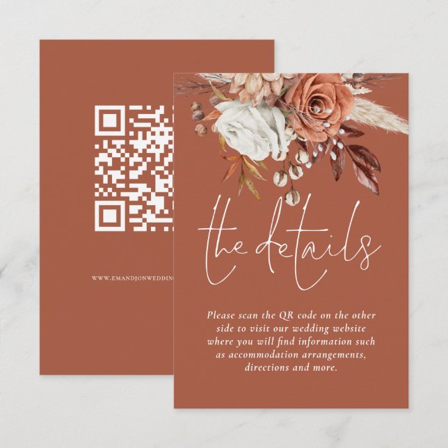 Carte D'accompagnement Terracotta Florals QR Code Rust Détails du Mariage (Devant / Derrière)