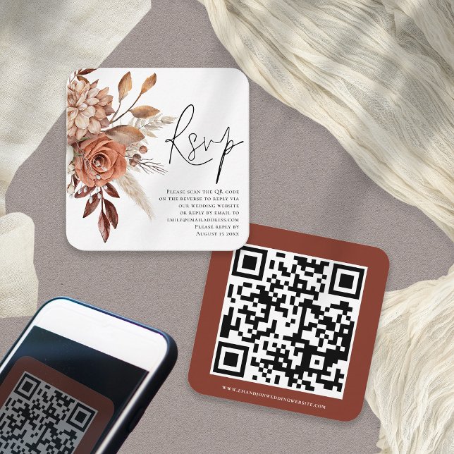 Carte D'accompagnement Terracotta Florals Script QR Code Mariage RSVP (Front and back view)