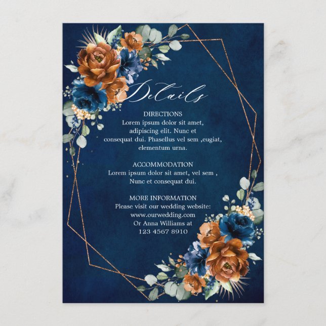 Carte D'accompagnement Terracotta Marine Bleu Détails du Mariage géométri (Devant)