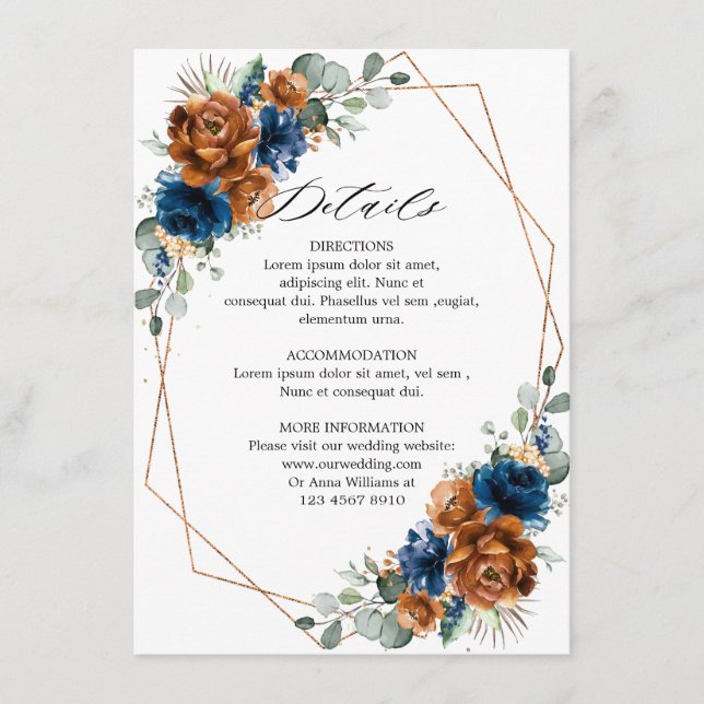 Carte D'accompagnement Terracotta Marine bleu Mariage géométrique Détails (Devant)
