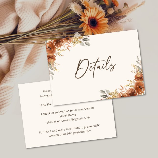 Carte D'accompagnement Terracotta Rust Fall Floral Détails du Mariage (Terracotta Rust Fall Floral Wedding Details Enclosure Card)