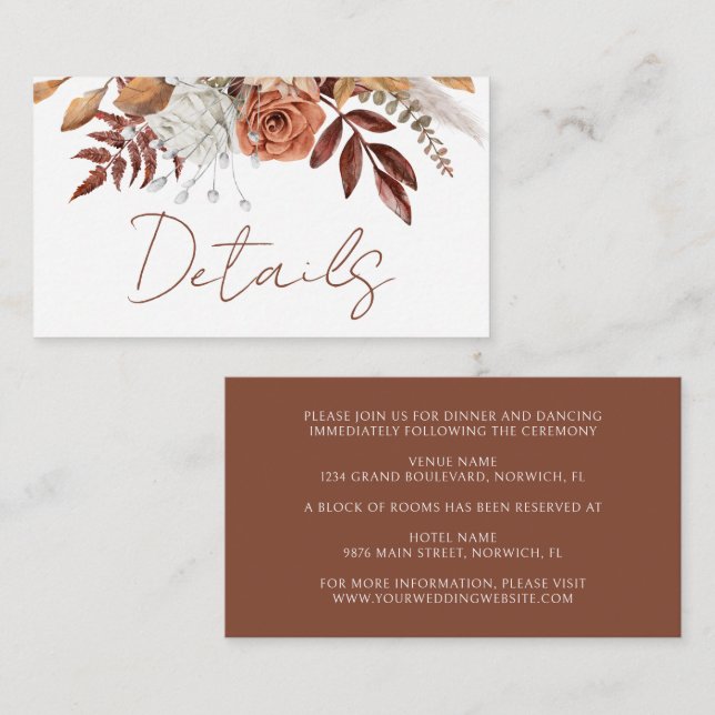 Carte D'accompagnement Terracotta Rustic Floral Boho Détails du Mariage d (Devant / Derrière)