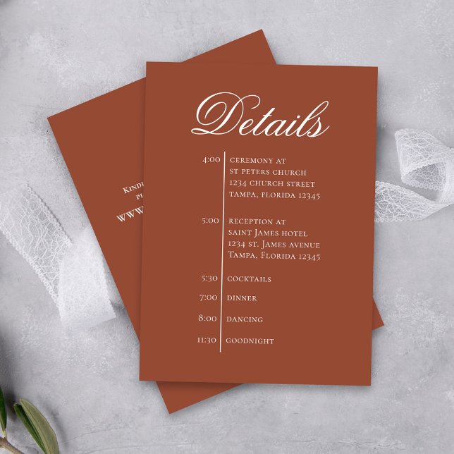 Carte D'accompagnement Terracotta Wedding Timeline Details Simple RSVP (Terracotta Wedding Invitation Enclosure Card with simple timeline.)