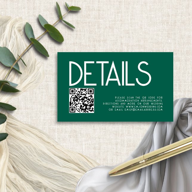 Carte D'accompagnement Texte moderne QR Code Emerald Détails du Mariage (Mini size enclosure)