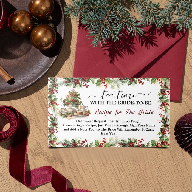 Carte D'accompagnement Thé Chic pour la Fête de Noël des Fiançailles Réce (Chic Time for Tea Christmas Bridal Shower Recipe Enclosure Card holiday holly berries pine leaves )