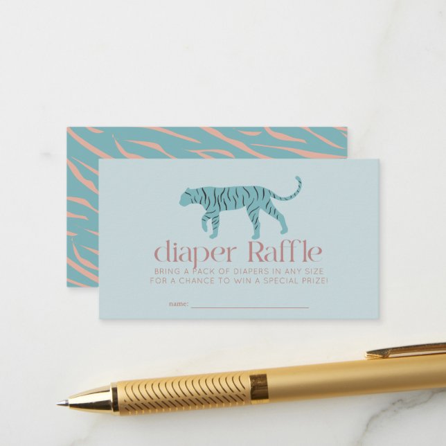 Carte D'accompagnement Tiger Moderne Baby shower Bleu Déchets Raffle Tick (Devant/Arrière en situation)