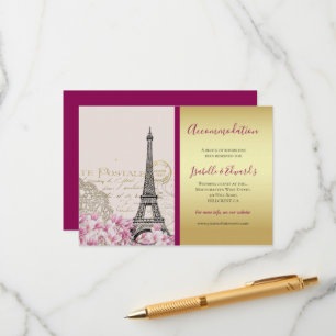 Carte D'accompagnement Tour Eiffel Vintage Fleurs Roses Bourgogne Doré