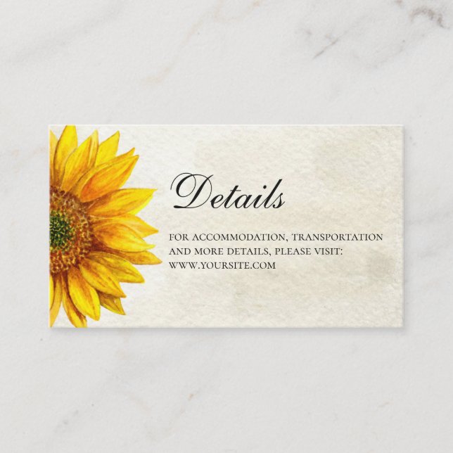 Carte D'accompagnement Tournesol. Détails du mariage rustique. Fleur du p (Devant)