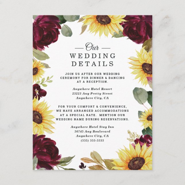 Carte D'accompagnement Tournesol et Rose Bourgogne Rouge Rustique Mariage (Devant)