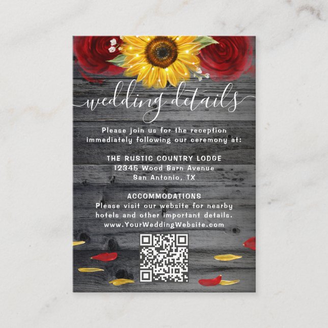 Carte D'accompagnement Tournesol rustique Rouge Rose Mariage RSVP QR Code (Devant)