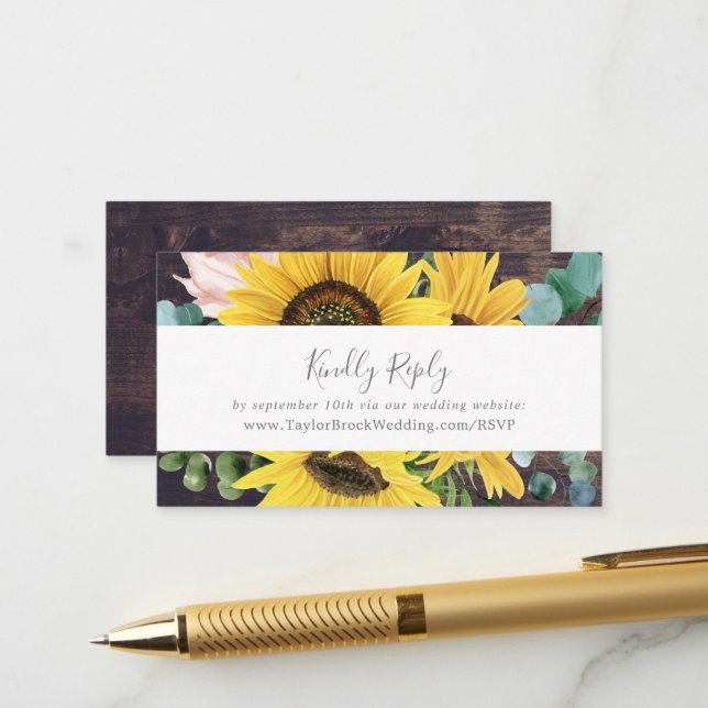 Carte D'accompagnement Tournesol rustique | Site Web Mariage de bois RSVP (Devant/Arrière en situation)