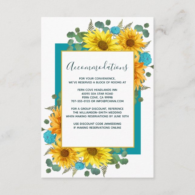 Carte D'accompagnement Tournesol rustique Turquoise Roses Mariages Héberg (Devant)
