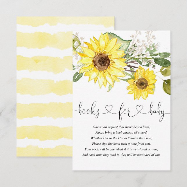 Carte D'accompagnement Tournesol vert livre blanc jaune pour bébé (Devant / Derrière)