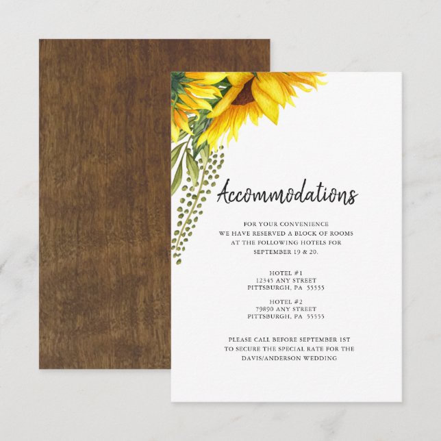 Carte D'accompagnement Tournesols rustiques | Hébergements Mariages (Devant / Derrière)