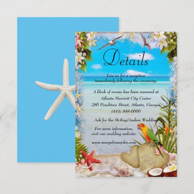 Carte D'accompagnement Tropical Beach Floral Détails du Mariage (Devant / Derrière)