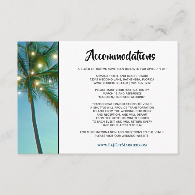 Carte D'accompagnement Tropical Beach Lights Ombre Mariage Hébergements (Devant)