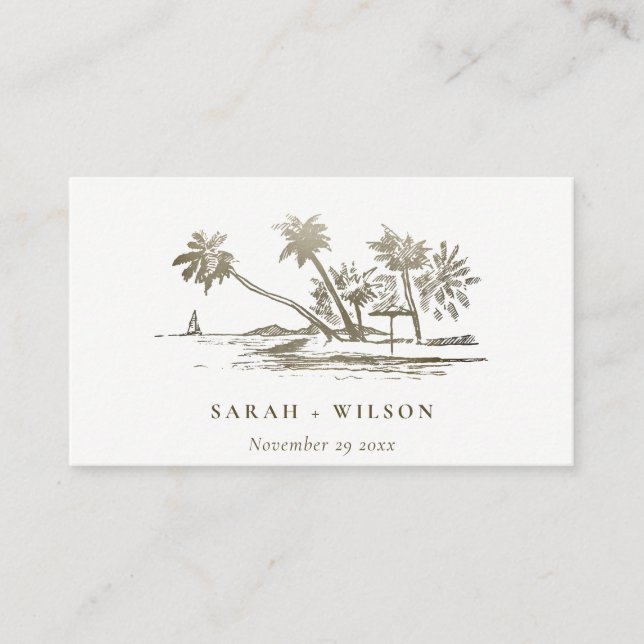 Carte D'accompagnement Tropical Beach Palm Sketch Gold Mariage Website (Devant)