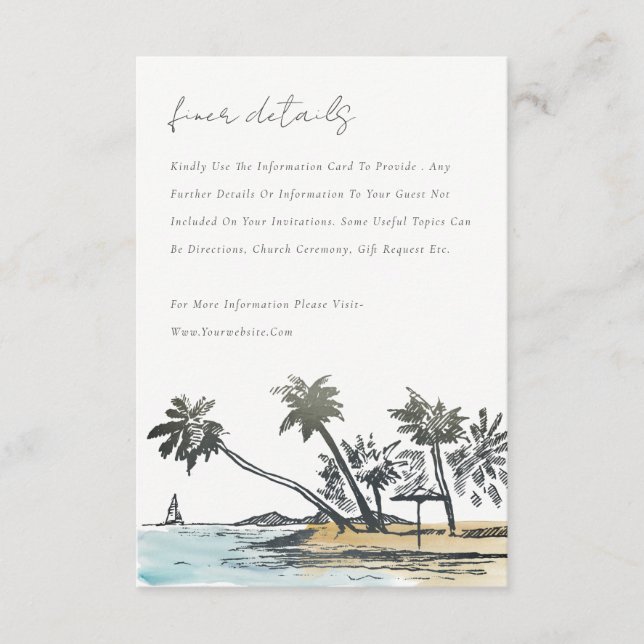 Carte D'accompagnement Tropical Beach Palm Tree croquis Mariage détails (Devant)
