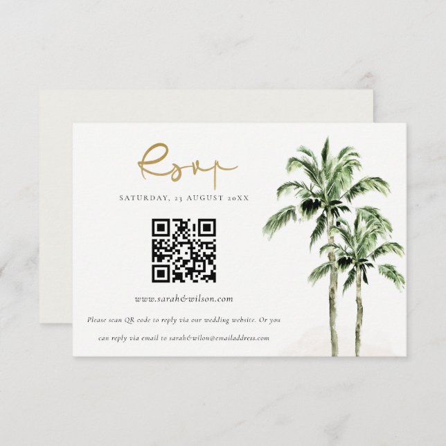 Carte D'accompagnement Tropical Beach Palm Trees Mariage QR Code RSVP (Devant / Derrière)