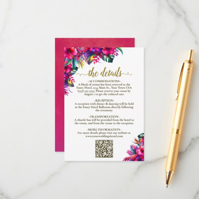 Carte D'accompagnement Tropical Garden Hibiscus Détails du Mariage QR Cod (Devant/Arrière en situation)