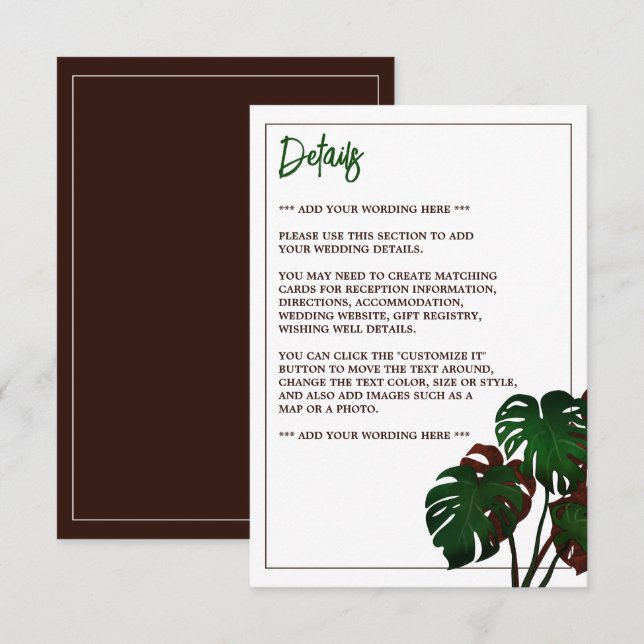 Carte D'accompagnement Tropical Monstera Beach Wedding Détail (Devant / Derrière)
