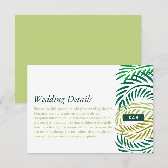 Carte D'accompagnement Tropical Palm Feuilles, Beach Wedding Détails (Devant / Derrière)