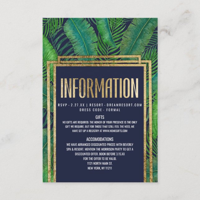 Carte D'accompagnement Tropical Palm Tree Green Gold Navy Blue Détails (Devant)