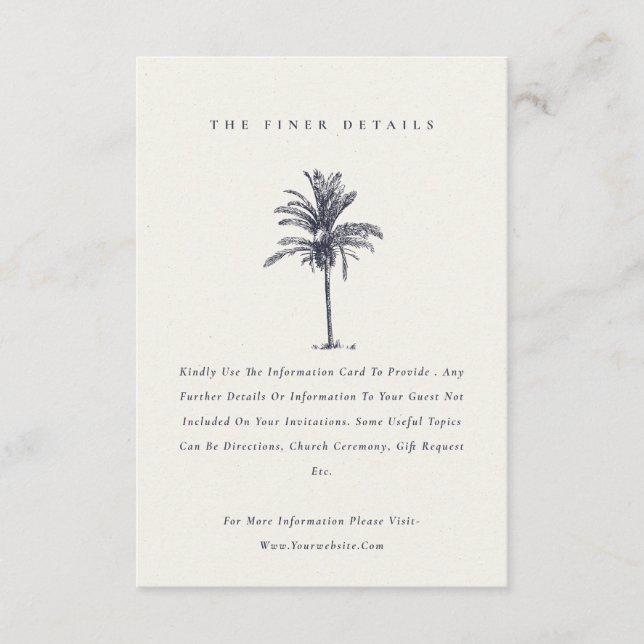 Carte D'accompagnement Tropical Palm Tree Navy Kraft Détails du Mariage (Devant)