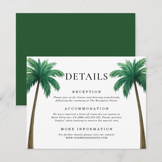 Carte D'accompagnement Tropical Palm Trees Minimal Beach Wedding Details (Devant / Derrière)