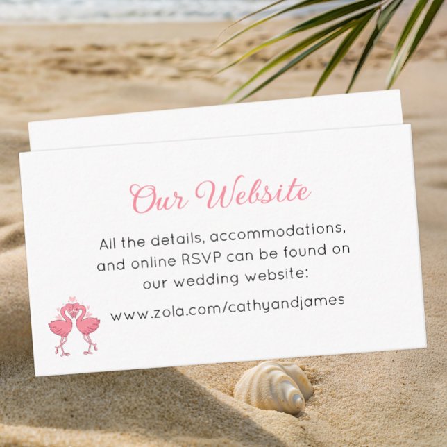 Carte D'accompagnement Tropical Pink Flamingo Beach Luau Wedding Website (Créateur téléchargé)
