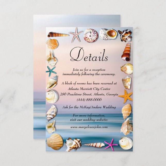 Carte D'accompagnement Tropical Sandy Beach And Seashells Détails Mariage (Devant / Derrière)