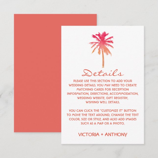Carte D'accompagnement Tropical Sunset Palm Tree Beach Mariage Détail (Devant / Derrière)