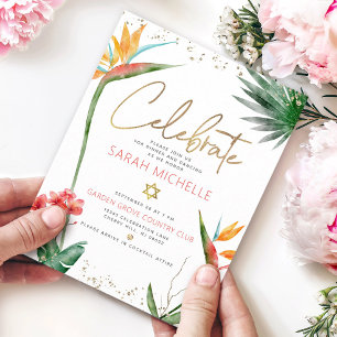 Carte D'accompagnement Tropicale Écriture Dorée Bat Mitzvah Florale Aquar