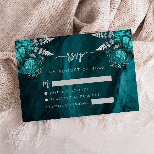 Carte D'accompagnement Turquoise Blue Argent Floral Agate Script Mariage  (Créateur téléchargé)