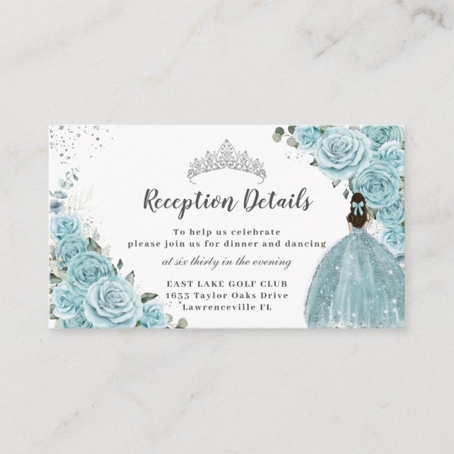 Carte D'accompagnement Turquoise Blue Floral Silver Quinceañera Réception (Devant)