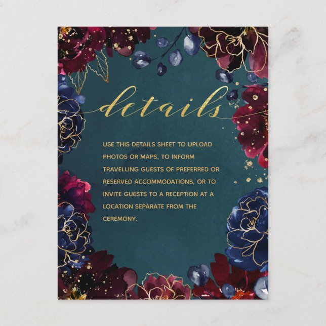 Carte D'accompagnement Turquoise Bordeaux Sapphire Jewel Tone Mariage Dét (Devant)