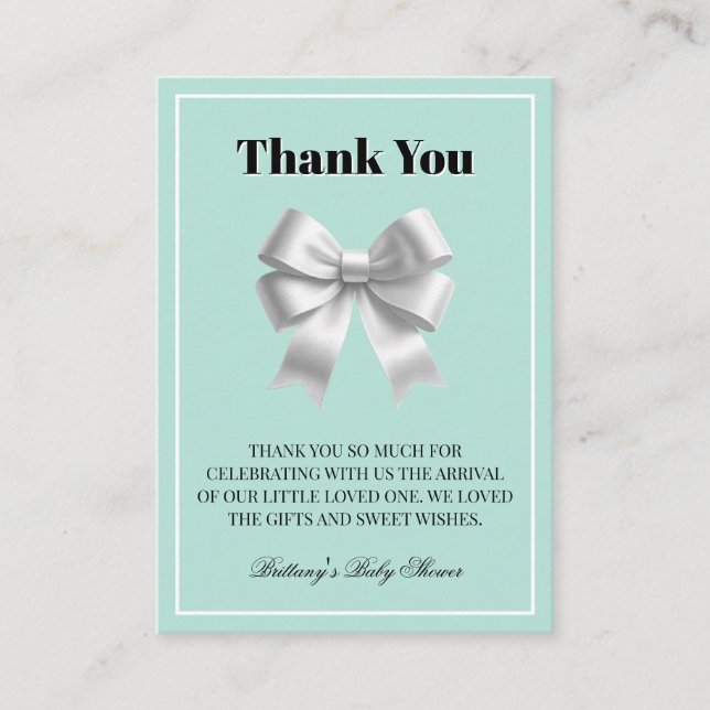 Carte D'accompagnement Turquoise de Baby shower bleu Merci à Bow en argen (Devant)