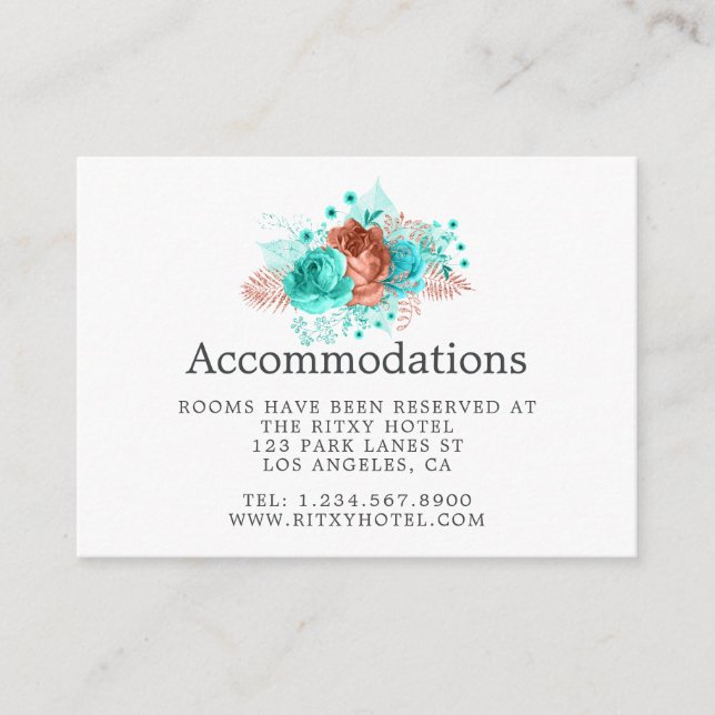 Carte D'accompagnement Turquoise et Coral Floral Mariage Hébergements (Devant)