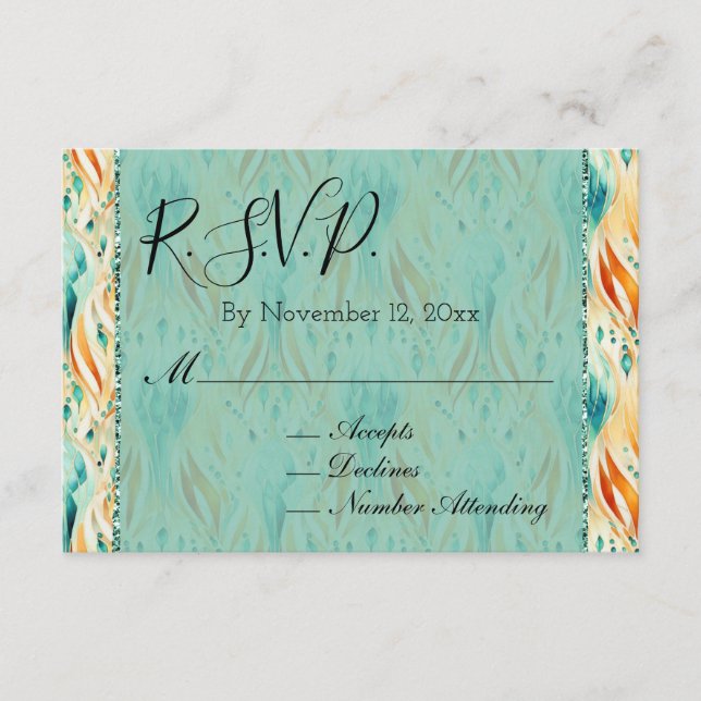 Carte D'accompagnement Turquoise Orange Abstraite Bijou Mariage RSVP (Devant)