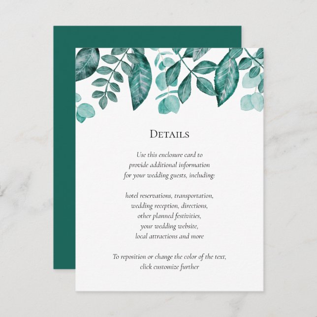 Carte D'accompagnement Turquoise Verdure Détails Mariage Autres informati (Devant / Derrière)