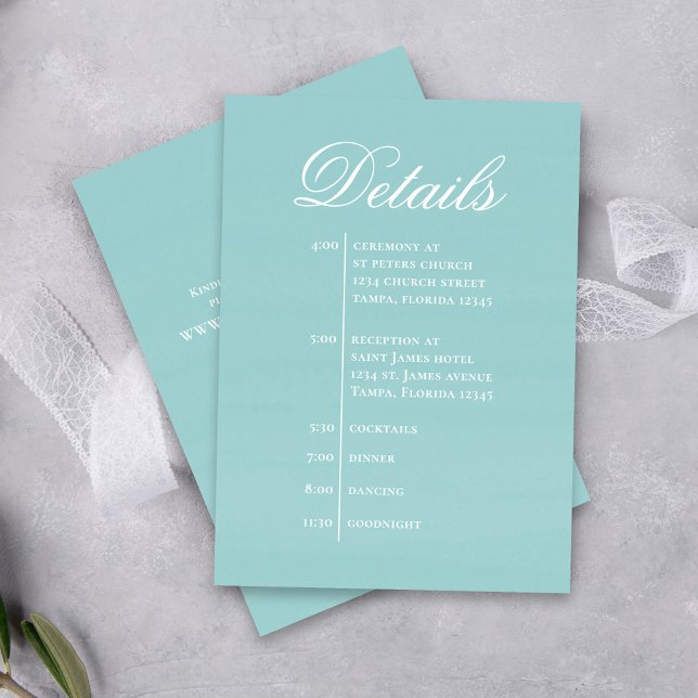 Carte D'accompagnement Turquoise Wedding Timeline Details Simple RSVP (Beach turquoise blue wedding details card.)