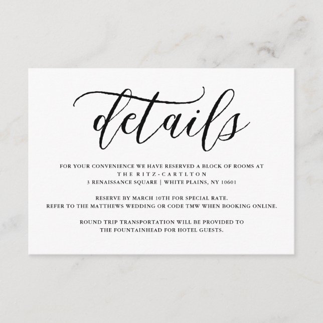 Carte D'accompagnement Typographie de script simple | Détails du Mariage (Devant)