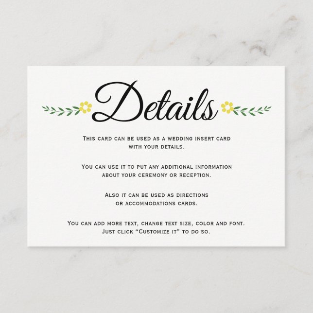 Carte D'accompagnement Typographie jaune floral détails mariage insérer (Devant)