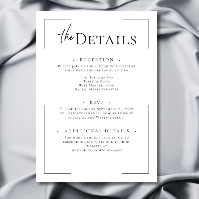 Carte D'accompagnement Typographie minimale Détails du Mariage noir et bl (Minimal Typography Black & White Wedding Details Enclosure Card)