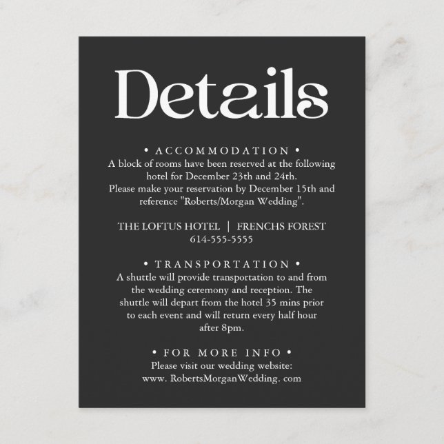 Carte D'accompagnement Typographie moderne Mariage noir Détails (Devant)