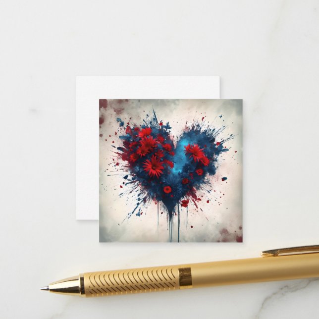 Carte D'accompagnement Un coeur bleu éclatant avec des fleurs rouges (Devant/Arrière en situation)